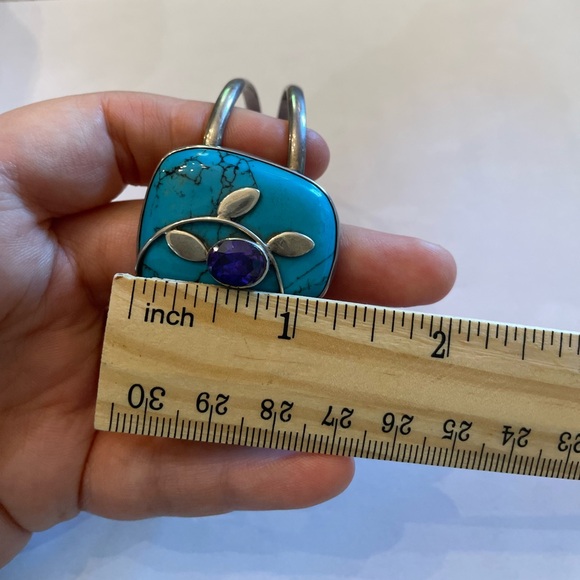Vintage Sterling Silver Cuff Bracelet with Turquoise-Style Stone & Amethyst - Picture 8 of 10